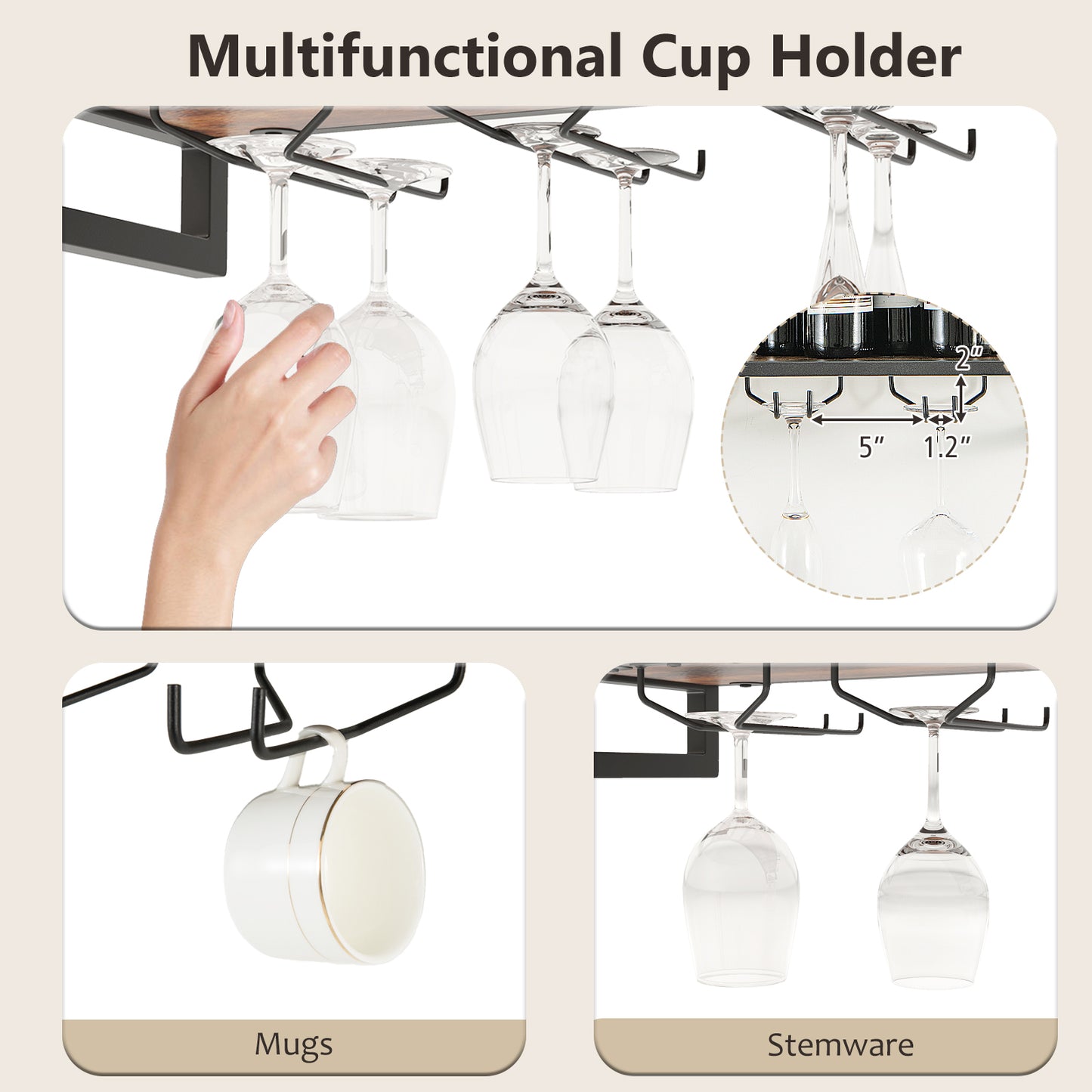 Wall Mounted Wine Rack with 2-Tier Shelves and 3 Glass Holders
