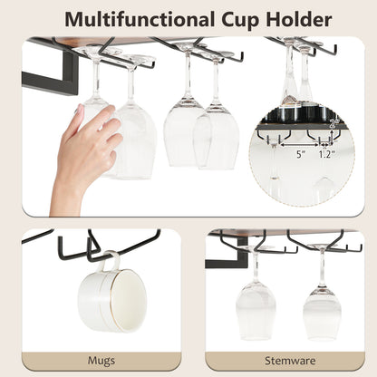 Wall Mounted Wine Rack with 2-Tier Shelves and 3 Glass Holders