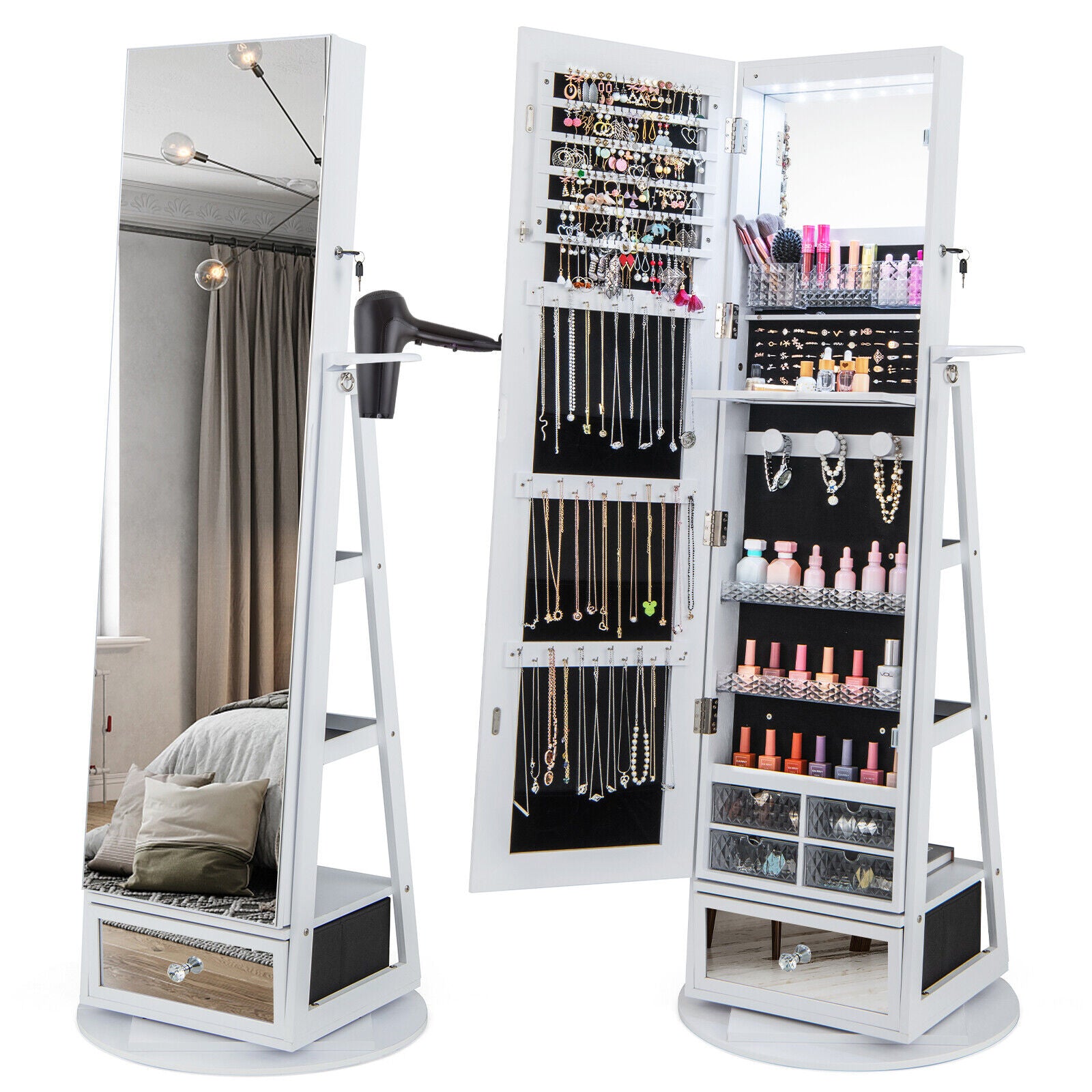 Lockable 360° Swivel Jewelry Cabinet with Full-Length Mirror LED Lights-White - White