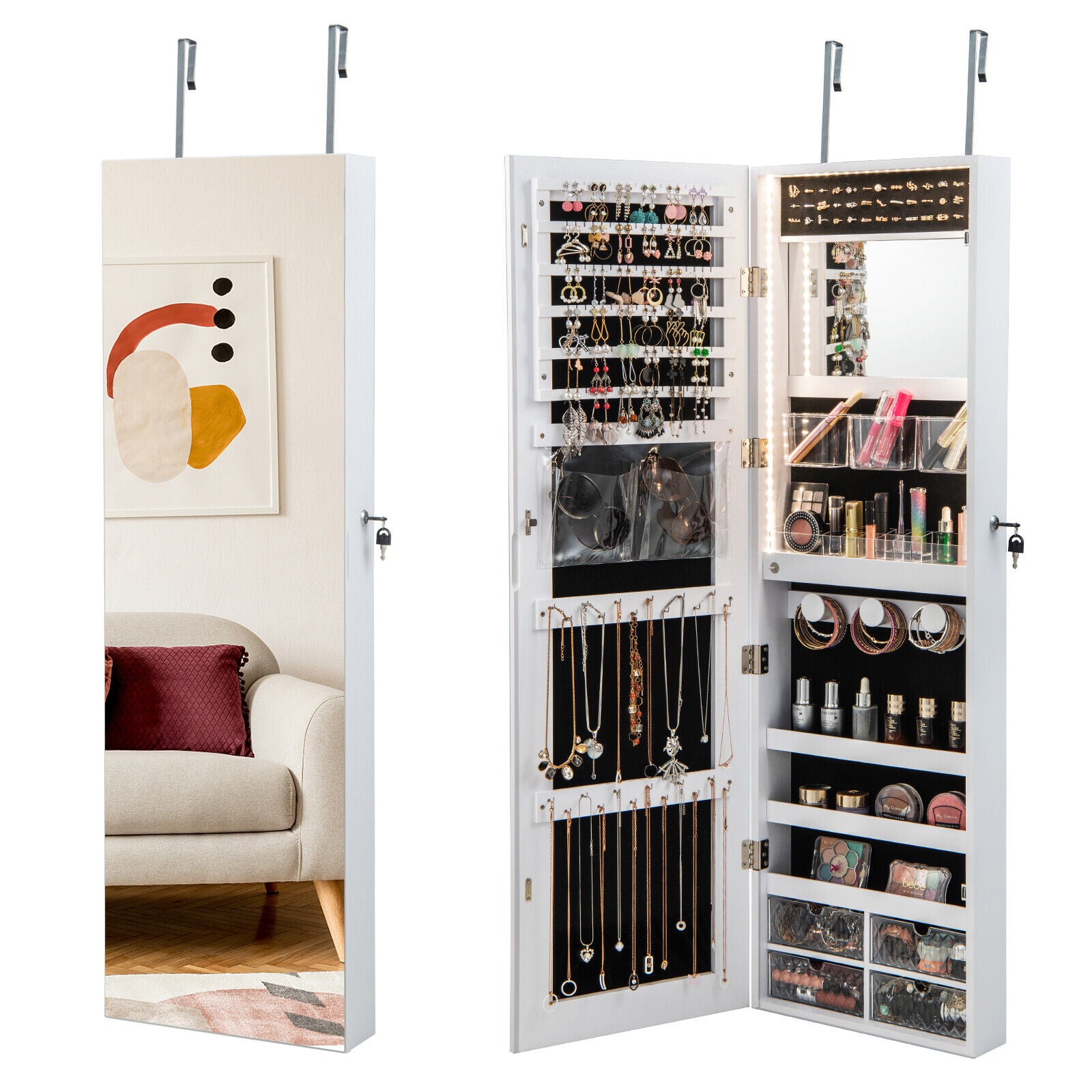 Wall Mounted Jewelry Cabinet with 3-Color Lights-White