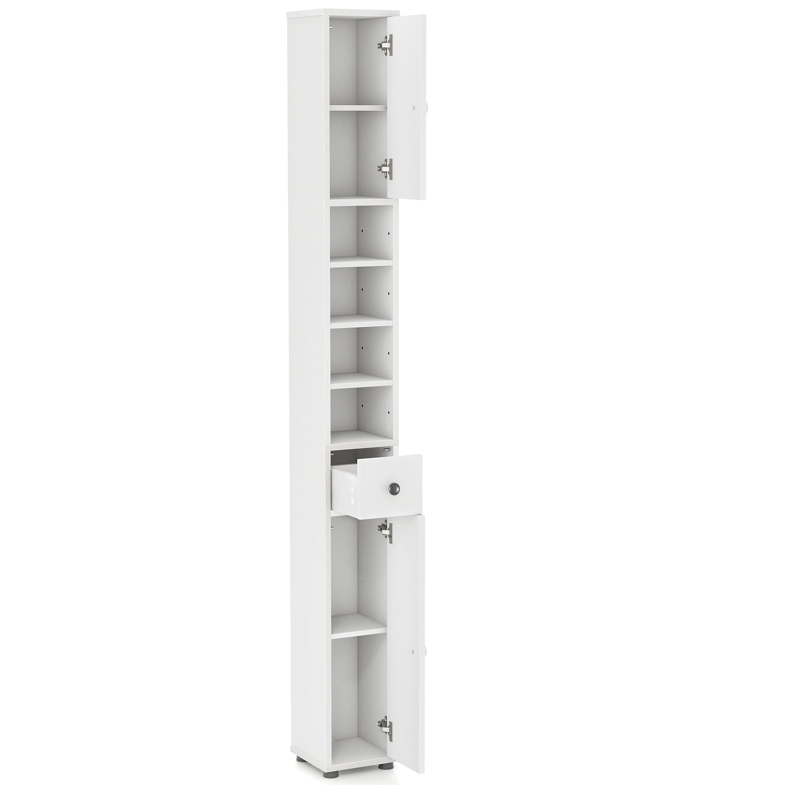 Freestanding Slim Bathroom Cabinet with Drawer and Adjustable Shelves-Blue - White