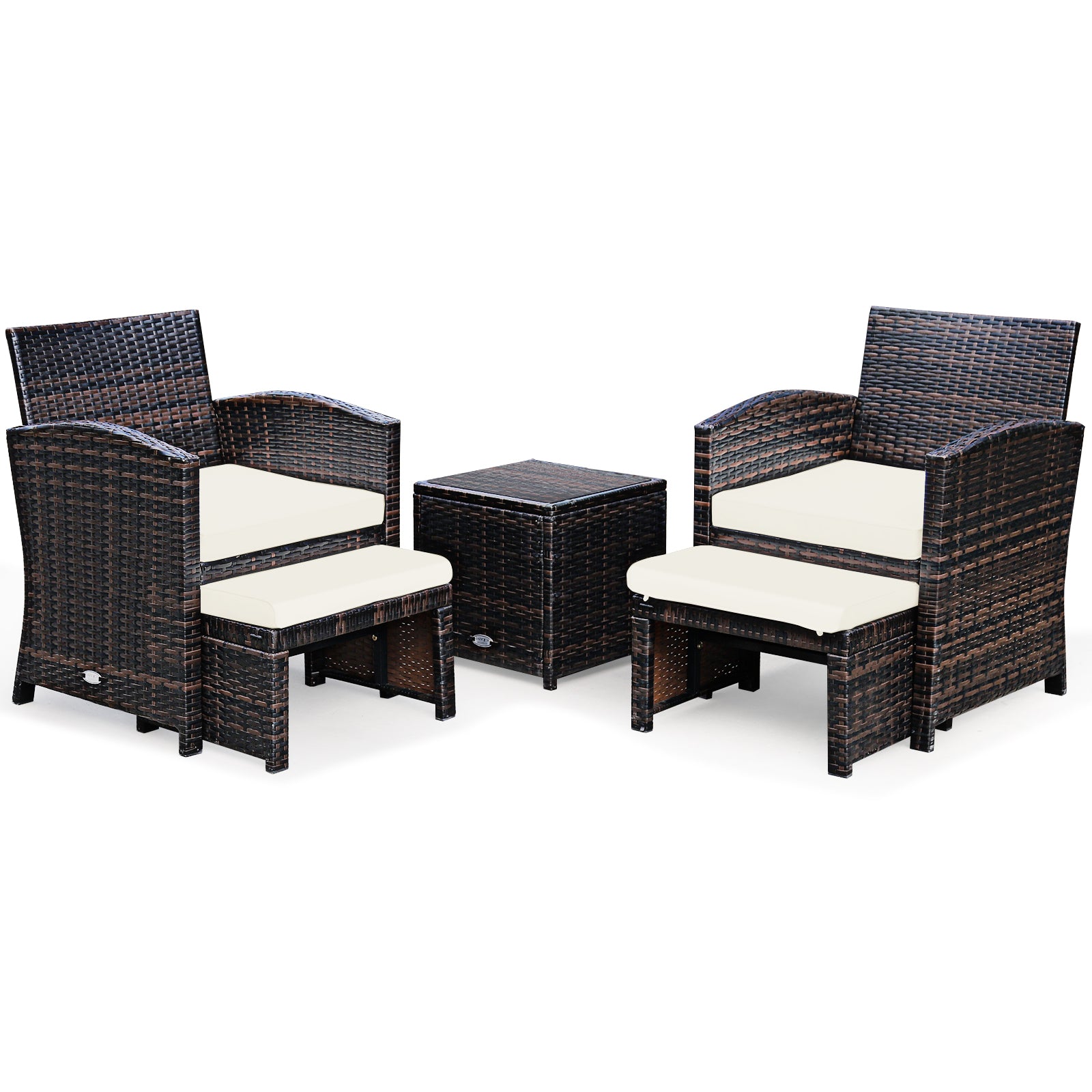 5 Pieces Patio Rattan Furniture Set with Ottoman and Tempered Glass Coffee Table-Turquoise - White