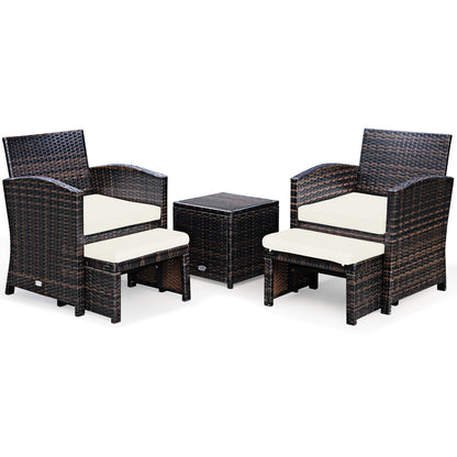 5 Pieces Patio Rattan Furniture Set with Ottoman and Tempered Glass Coffee Table-Turquoise - White