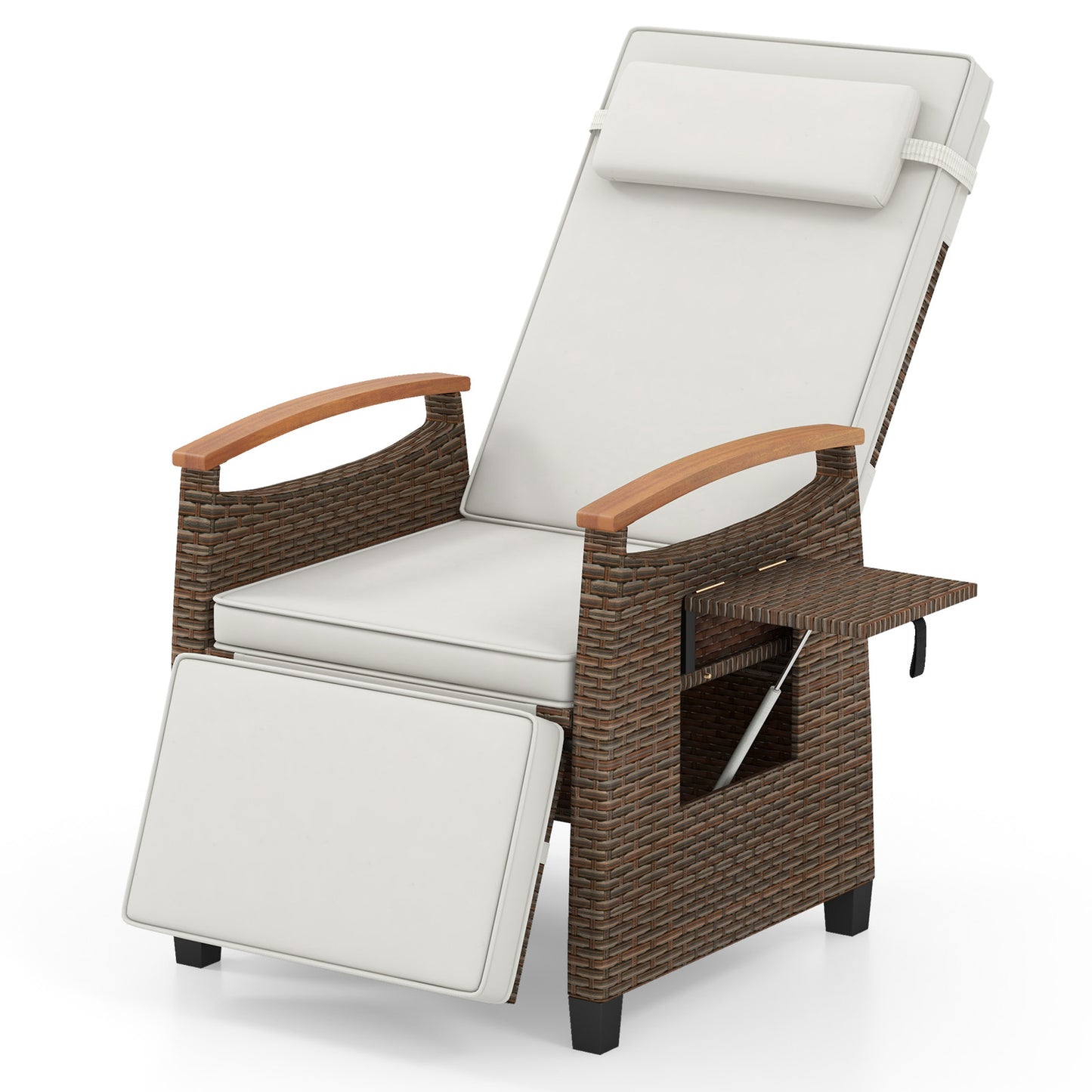 Patio Wicker Recliner Chair with Adjustable Backrest and Footrest-Black - White