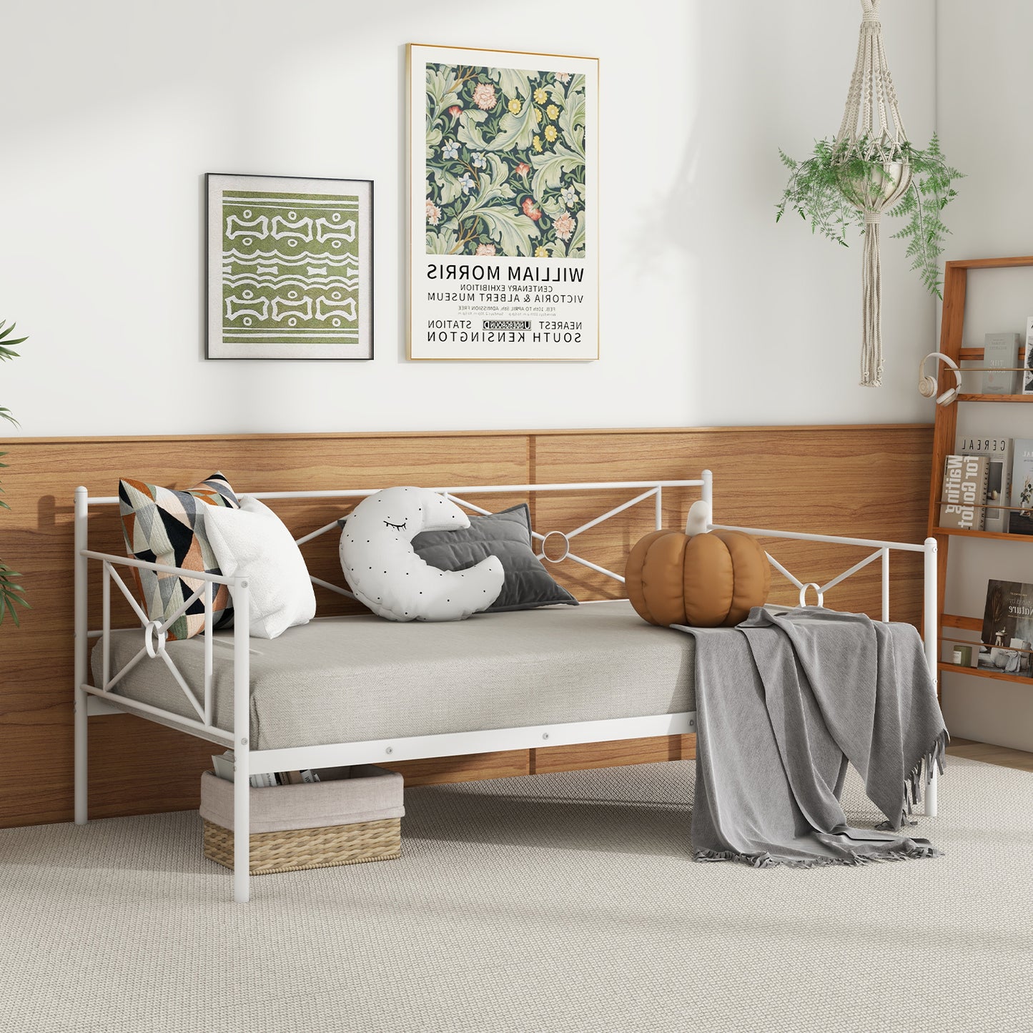 Metal Daybed Twin Bed Frame Stable Steel Slats Sofa Bed-White