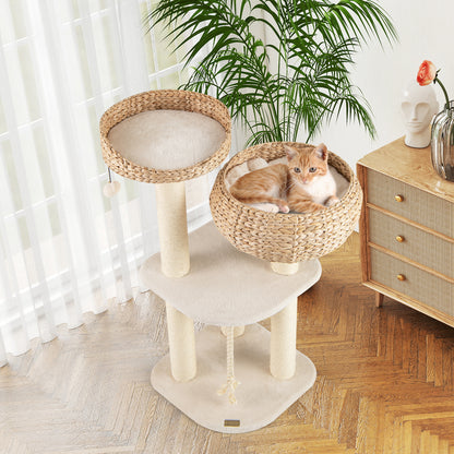 41 Inch Rattan Cat Tree with Napping Perch-White - White