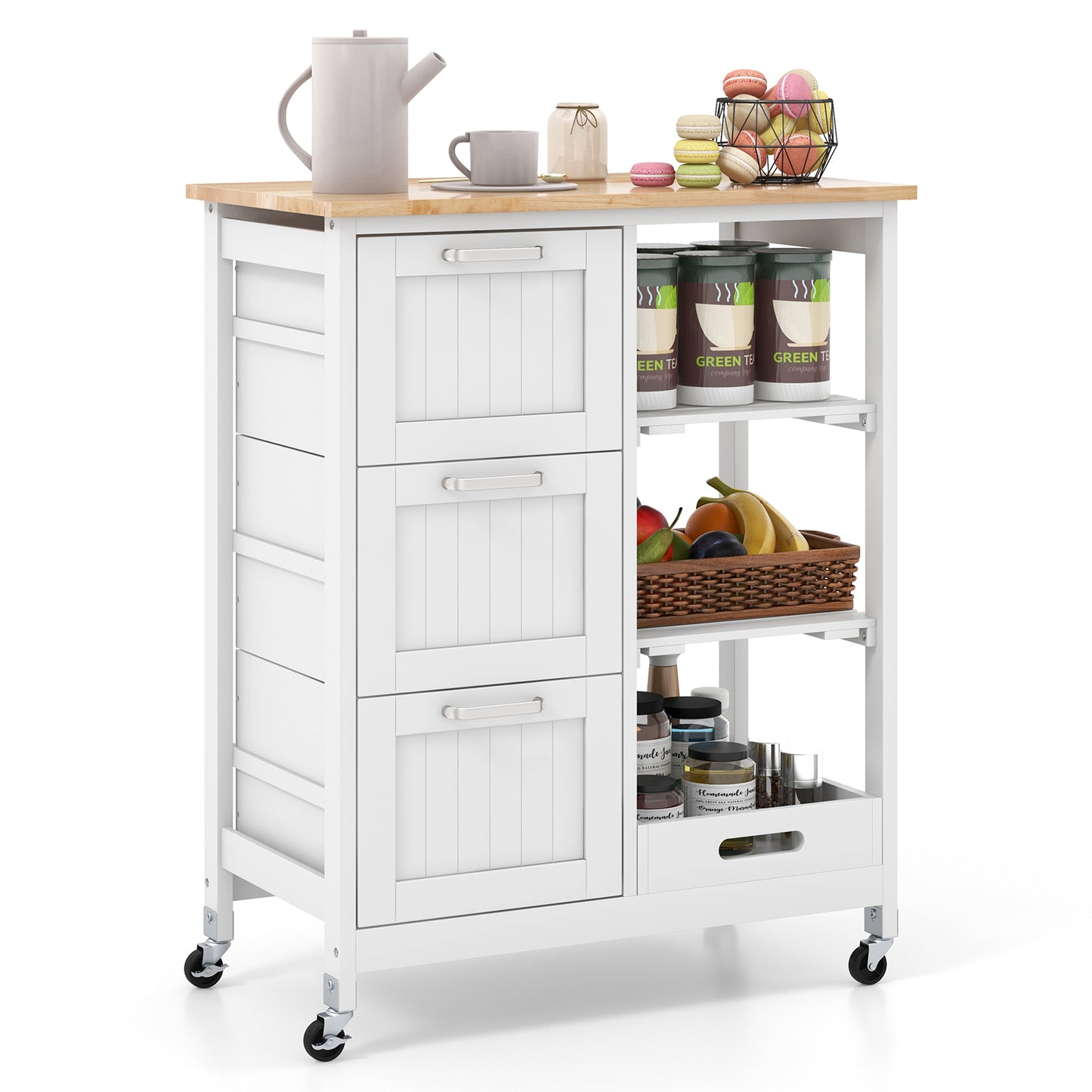 Kitchen Island Cart on Wheels with Rubber Wood Top and 3 Drawersand Removable Tray-Gray - White
