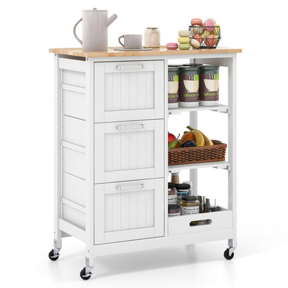 Kitchen Island Cart on Wheels with Rubber Wood Top and 3 Drawersand Removable Tray-Gray - White