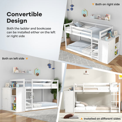 Twin Size Bunk Bed with Convertible Bookcase and Ladder-White