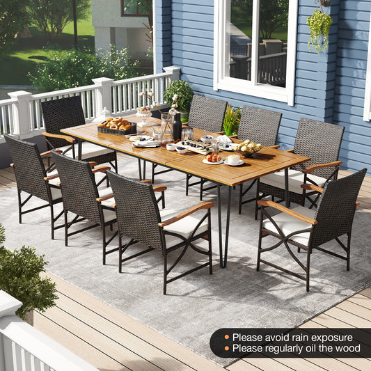 Wicker Patio Furniture Set of 8 Armchairs with Soft Cushions and Acacia Wood Square Table