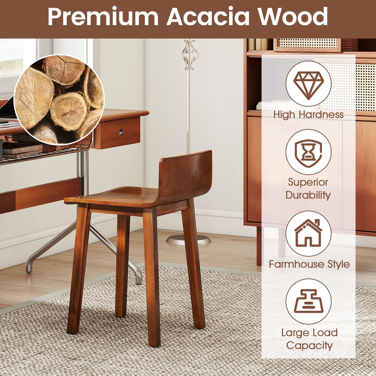 Wood Dining Chair Set of 2 Farmhouse Kitchen Dining Room Chairs Mid-Century Modern Armless Side Chairs-Brown