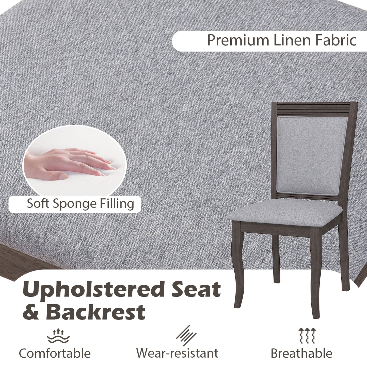 Wood Dining Chairs Set of 2 with Rubber Wood Frame and Padded Seat-Brown