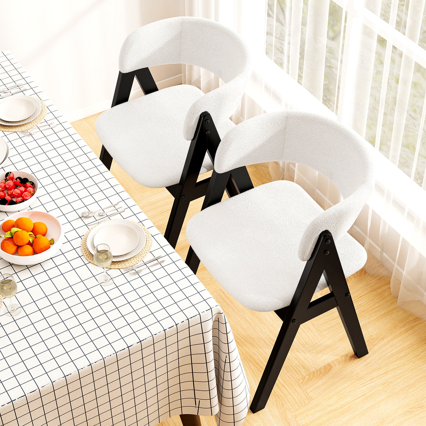 Wooden Dining Chair Set of 4 Mid-Century Modern Sherpa Upholstered Kitchen Dining Room Chairs-Black