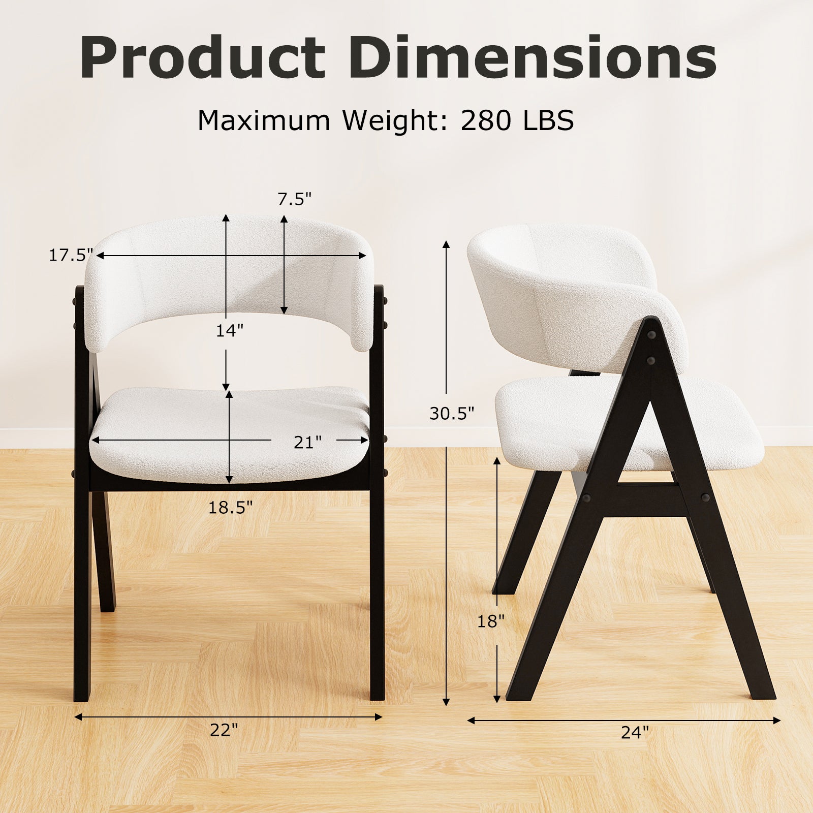 Wooden Dining Chair Set of 4 Mid-Century Modern Sherpa Upholstered Kitchen Dining Room Chairs-Black