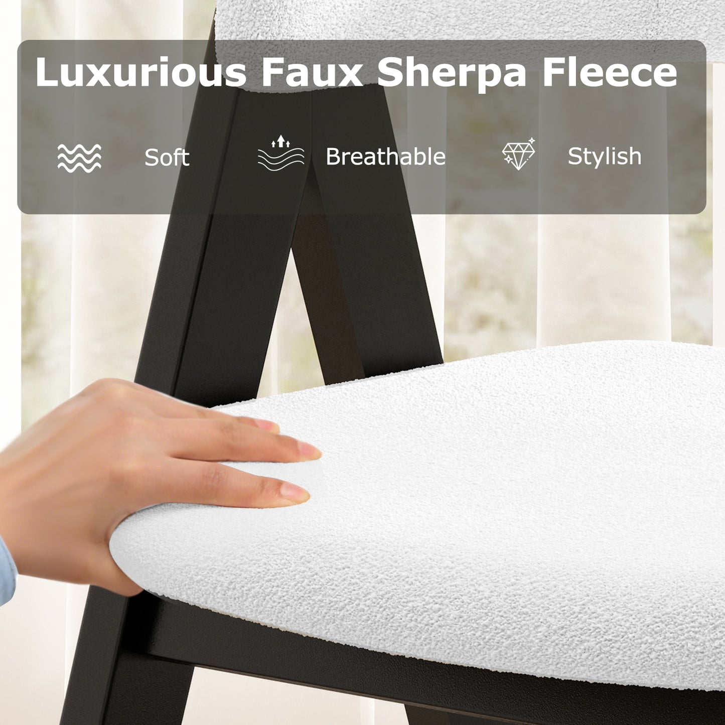 Wooden Dining Chair Set of 4 Mid-Century Modern Sherpa Upholstered Kitchen Dining Room Chairs-Black