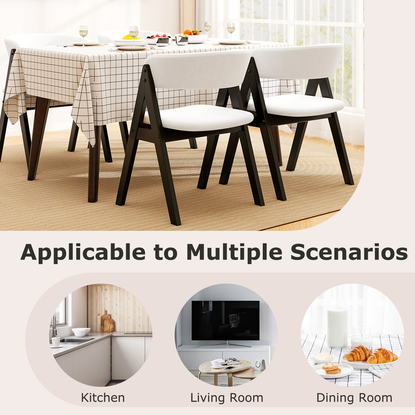 Wooden Dining Chair Set of 4 Mid-Century Modern Sherpa Upholstered Kitchen Dining Room Chairs-Black