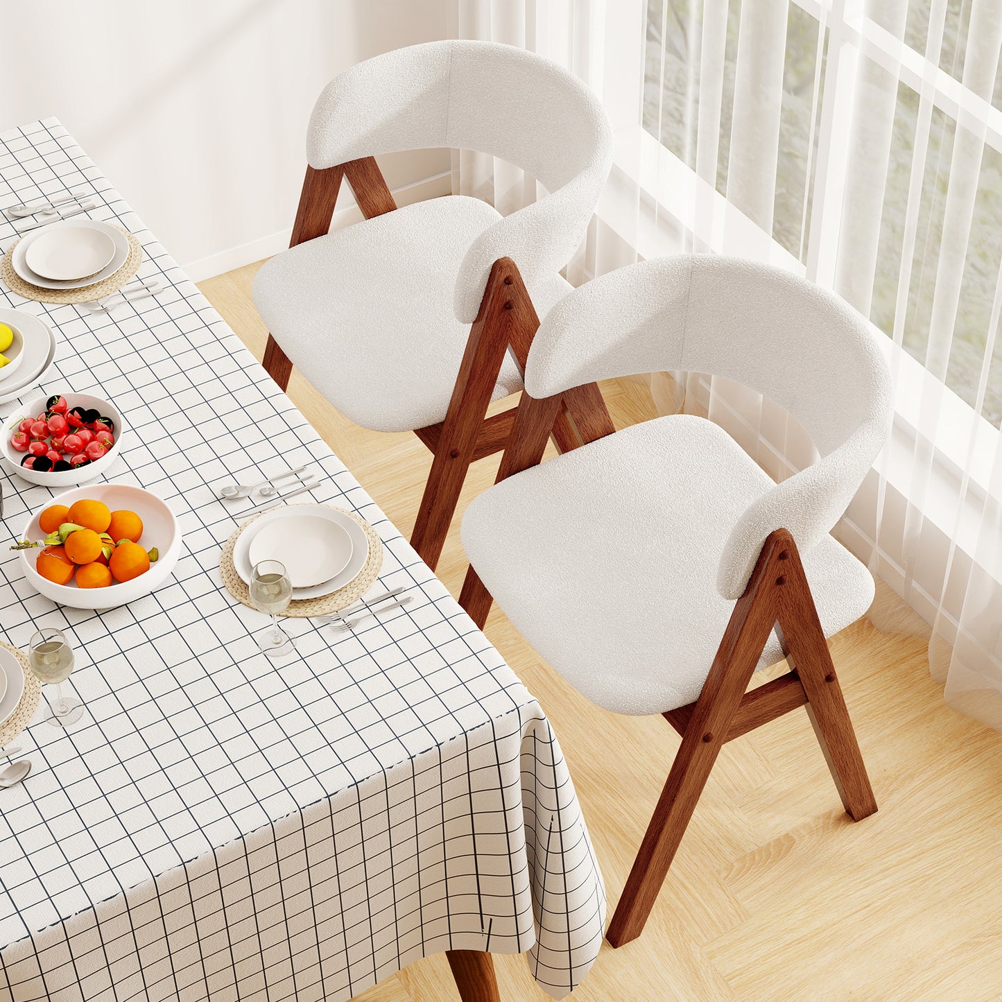 Wooden Dining Chair Set of 4 Mid-Century Modern Sherpa Upholstered Kitchen Dining Room Chairs-Walnut