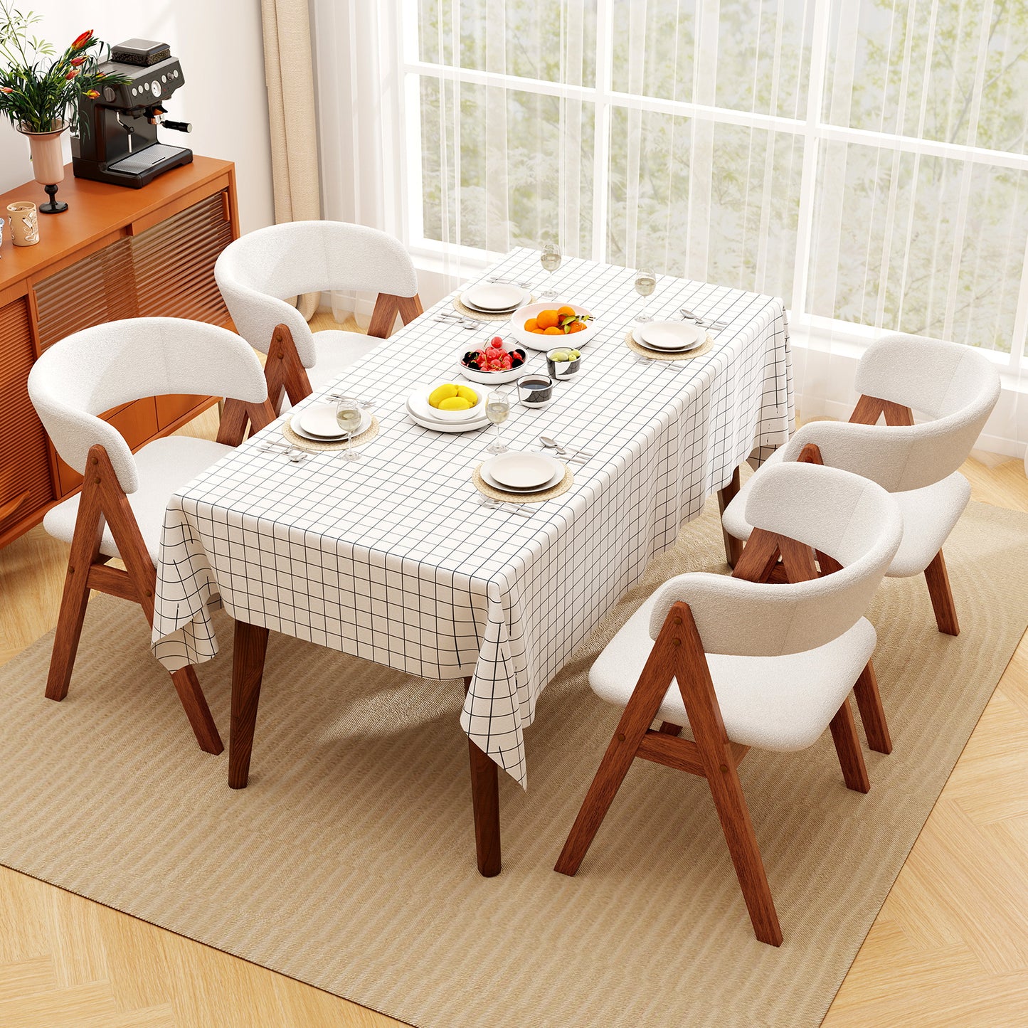 Wooden Dining Chair Set of 4 Mid-Century Modern Sherpa Upholstered Kitchen Dining Room Chairs-Walnut