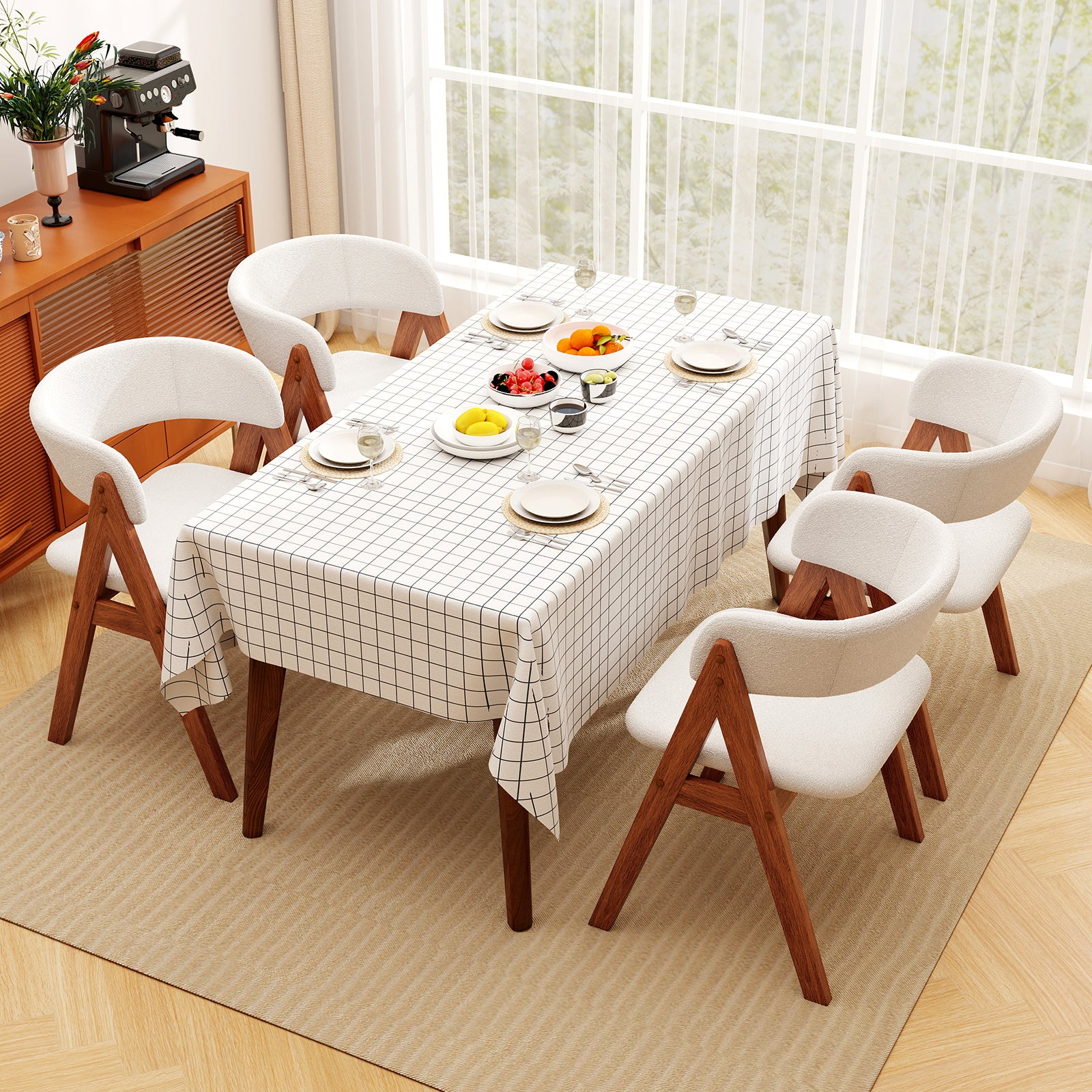Wooden Dining Chair Set of 4 Mid-Century Modern Sherpa Upholstered Kitchen Dining Room Chairs-Walnut
