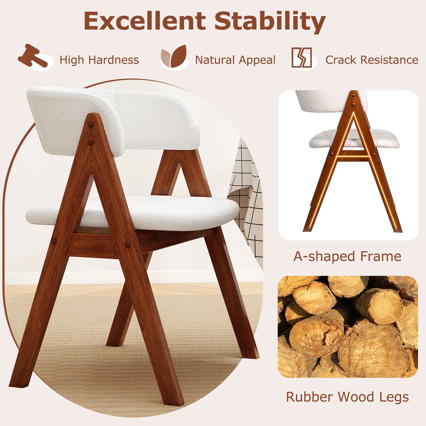 Wooden Dining Chair Set of 4 Mid-Century Modern Sherpa Upholstered Kitchen Dining Room Chairs-Walnut
