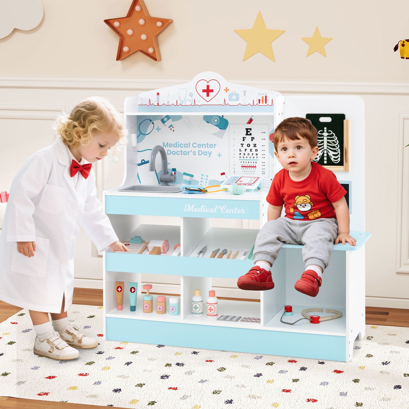 Wooden Doctor Playset with Stethoscope for Toddlers over 3 Years Old-Blue