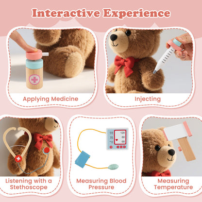 Wooden Doctor Playset with Stethoscope for Toddlers over 3 Years Old-Pink