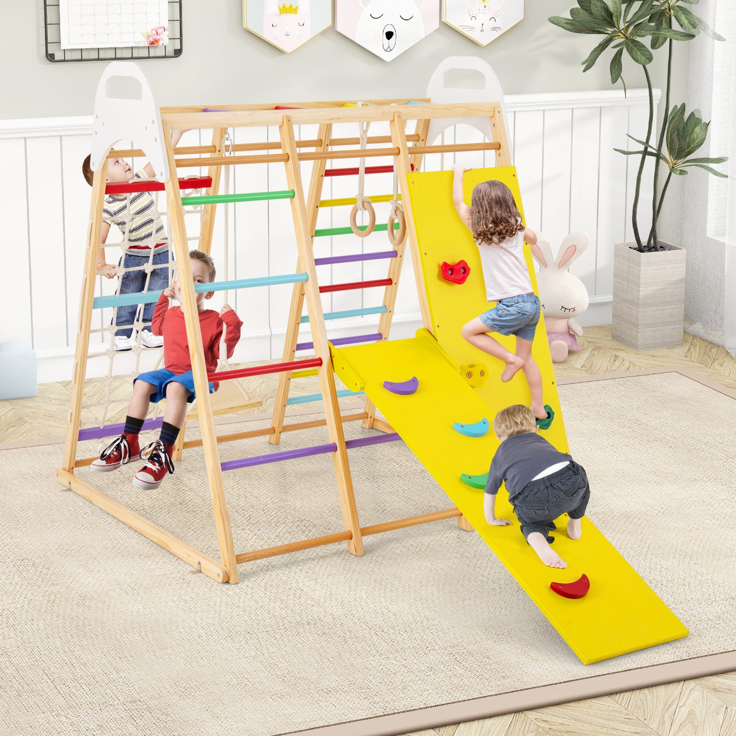 8-in-1 Wooden Jungle Gym Playset with Slide and Monkey Bars