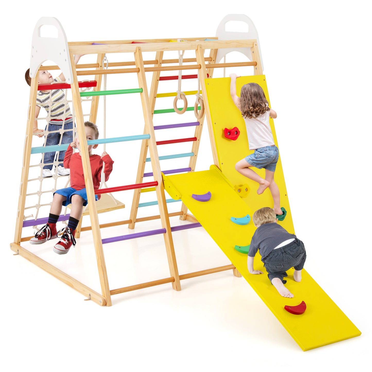 8-in-1 Wooden Jungle Gym Playset with Slide and Monkey Bars