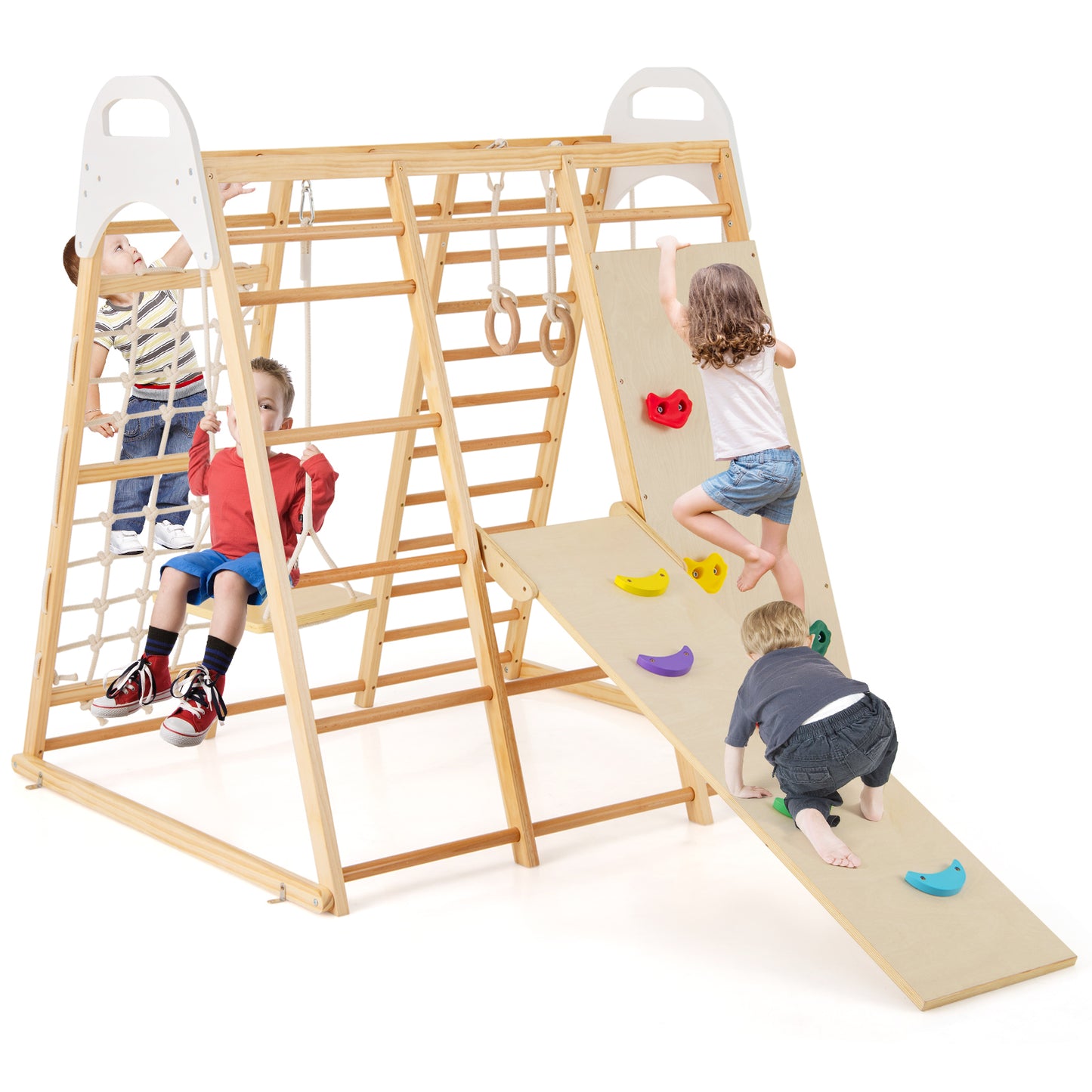 8-in-1 Wooden Jungle Gym Playset with Slide and Monkey Bars-Multicolor - Natural