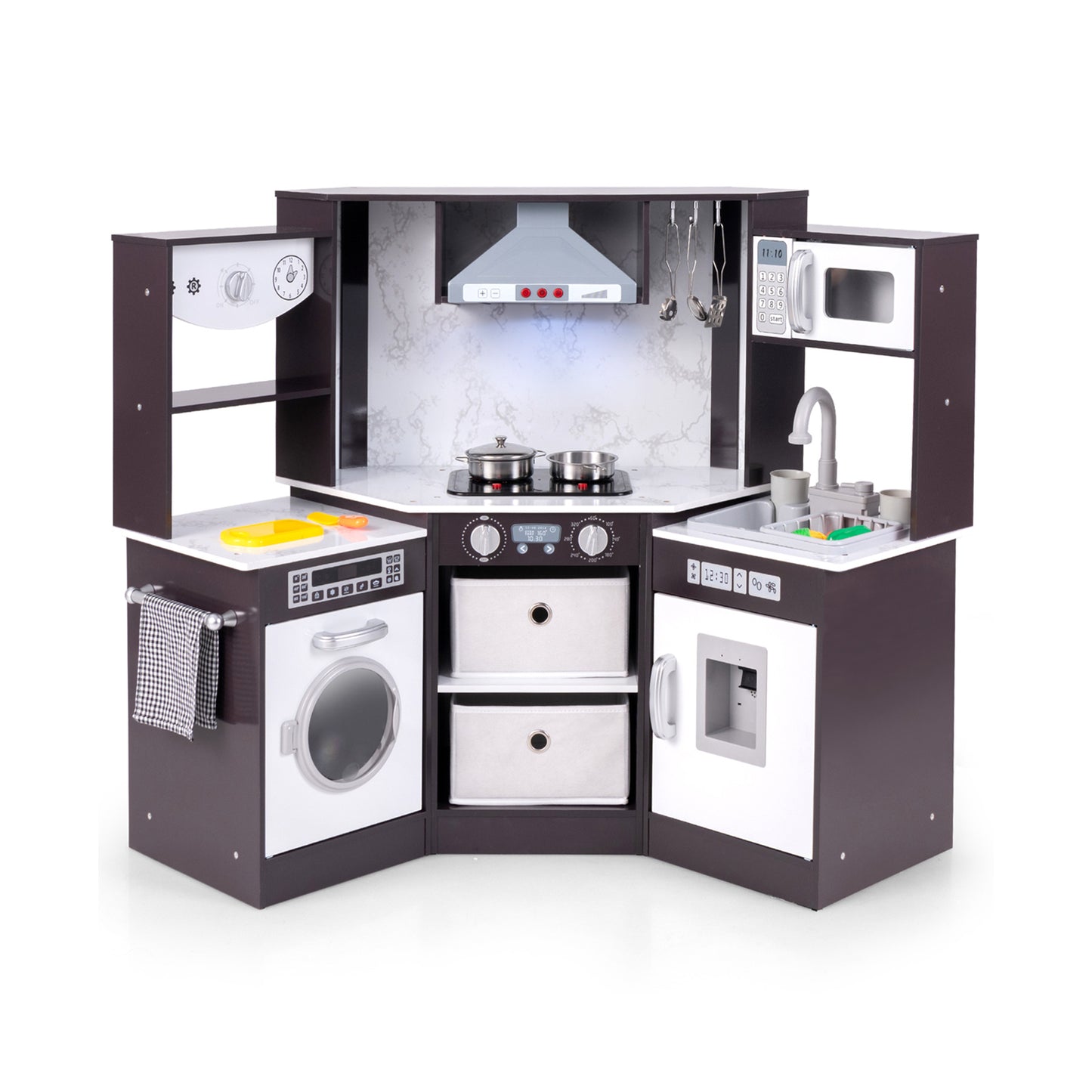 Wooden Kids Play Kitchen Playset with Realistic Lights and Sounds