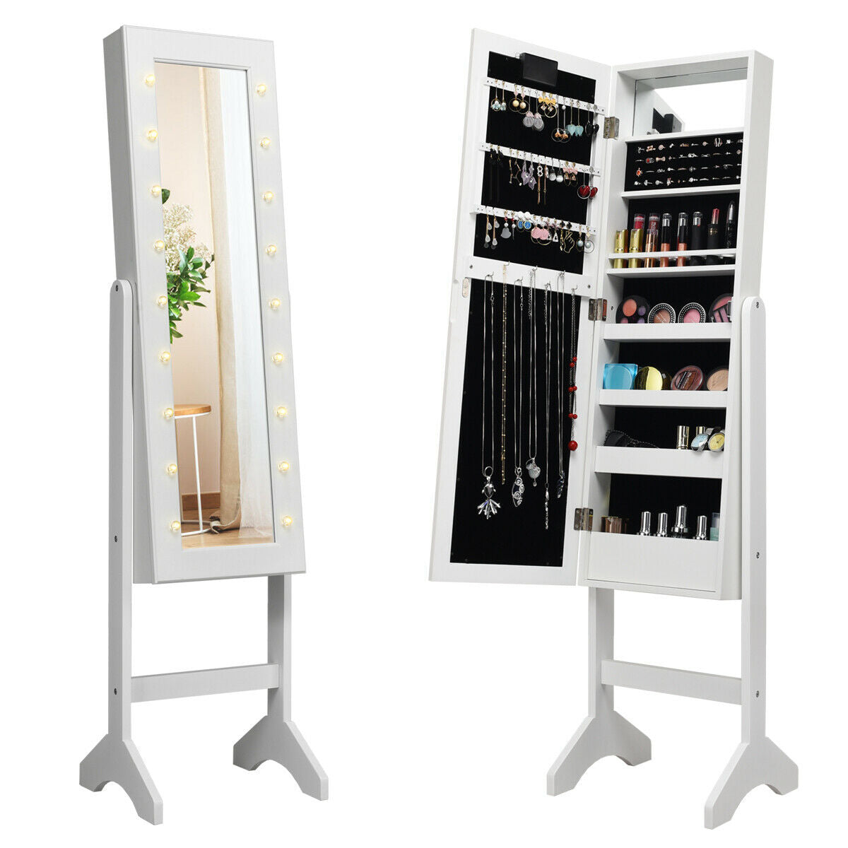 Mirrored Jewelry Cabinet Armoire Organizer w/ LED lights-Brown - White