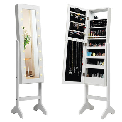Mirrored Jewelry Cabinet Armoire Organizer w/ LED lights-Brown - White