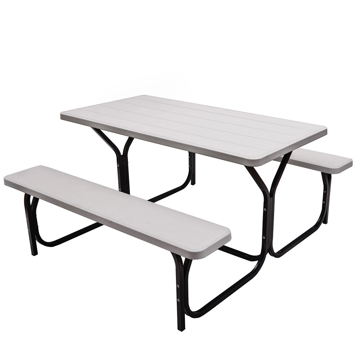 HDPE Outdoor Picnic Table Bench Set with Metal Base-Coffee - White