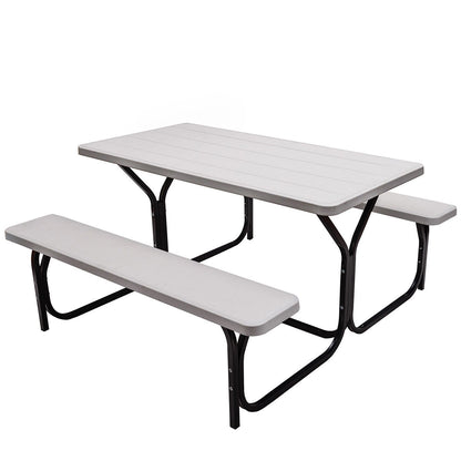 HDPE Outdoor Picnic Table Bench Set with Metal Base-Coffee - White