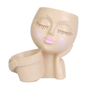 Girl Face Planter Pot Dual Opening Flower Pot With Drainage Hole Lady Head Resin Plant Pot